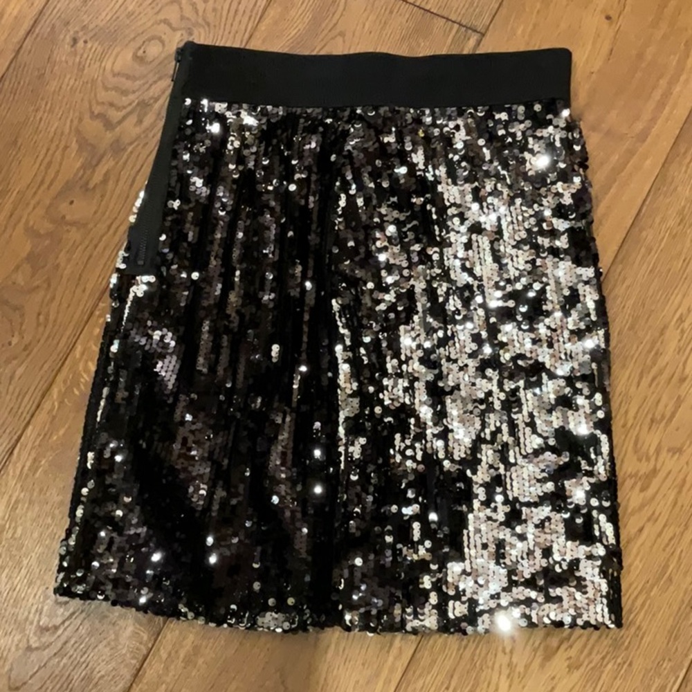 Milly Black and Silver Sequin Midi Pencil Skirt